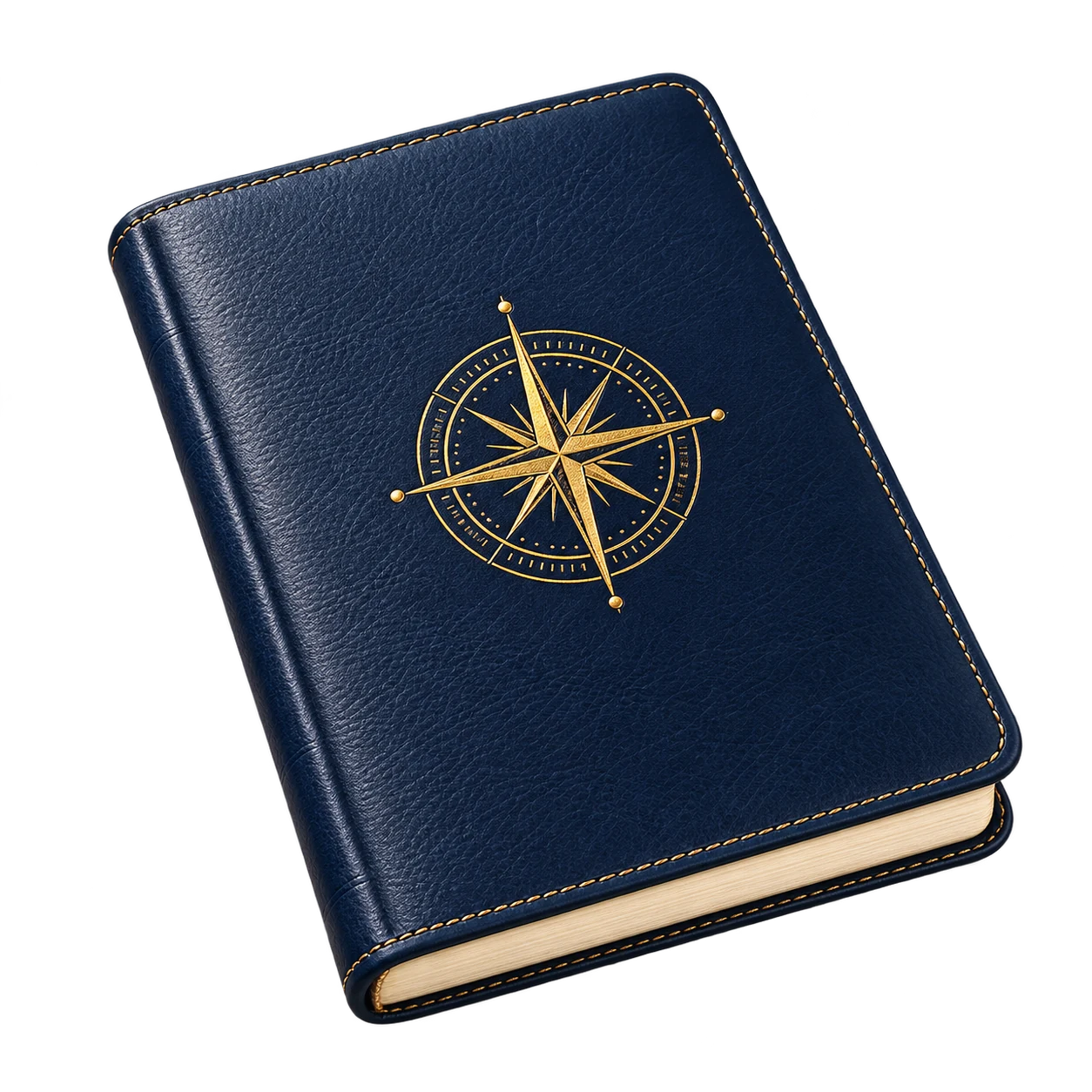 A navy leather learning passport with a gold compass, floating in the night