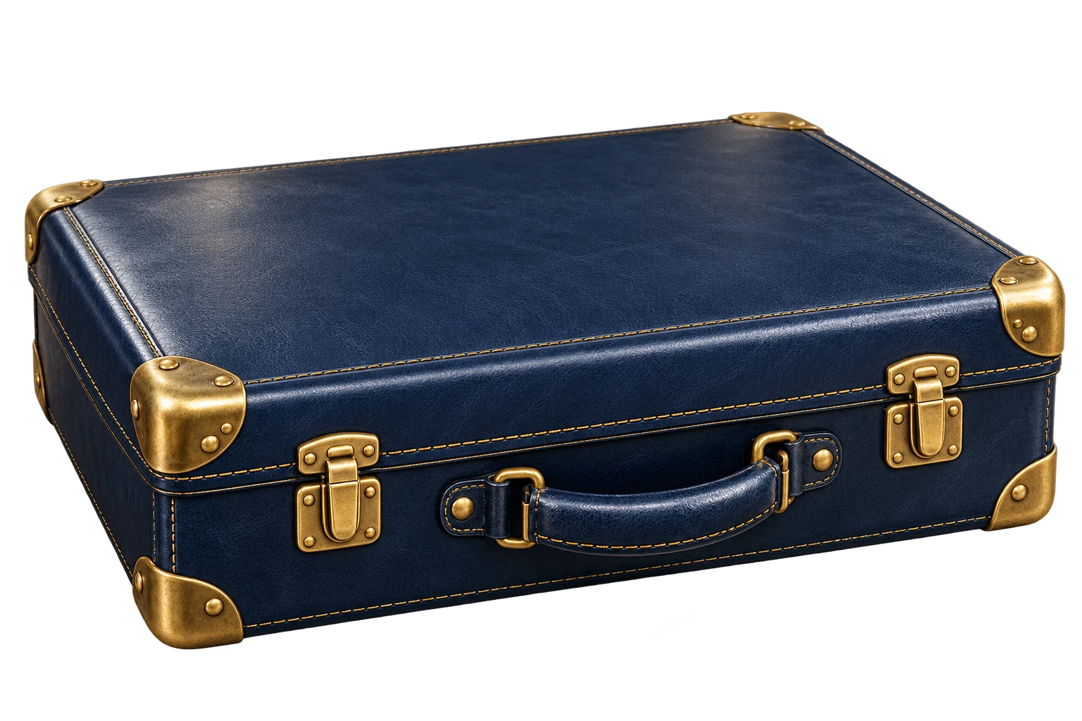 A navy leather travel suitcase with brass details, ready to be unpacked